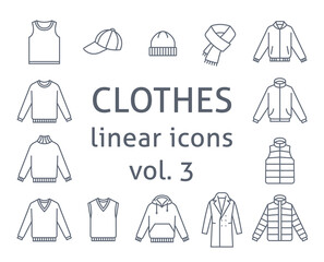 Men clothes flat line vector icons. Simple linear symbols of male basic garments. Main categories for online shop. Outline infographic elements. Contour silhouettes of sweaters, jackets, hats, coat