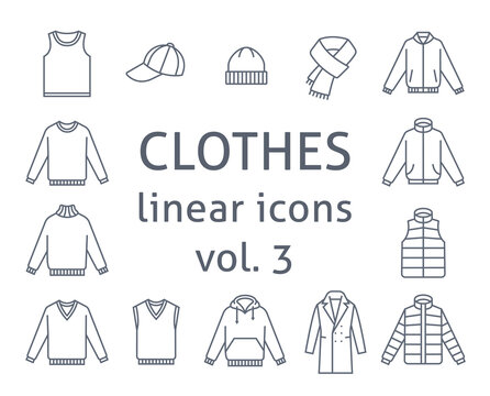 Men clothes flat line vector icons. Simple linear symbols of male basic garments. Main categories for online shop. Outline infographic elements. Contour silhouettes of sweaters, jackets, hats, coat