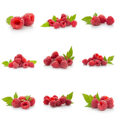 Raspberries collection with leaf isolated on white background