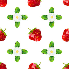 Low Poly strawberries and flowers seamless pattern on white background. Colorful abstract background. Vector illustration
