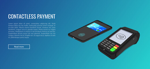 The concept of a bank pos terminal for paying for services using a card, phone, including contactless payment. Acquiring. Vector banner isometric 3d illustration, on a blue background. Copyspace.