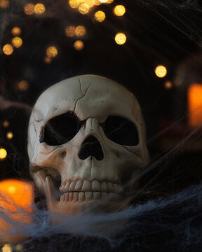 A skeleton head covered in cobwebs set in a spooky dark backdrop with soft candle and bokeh lights in the background.  Spiderwebs in the foreground and space for copy. Scary Halloween theme background