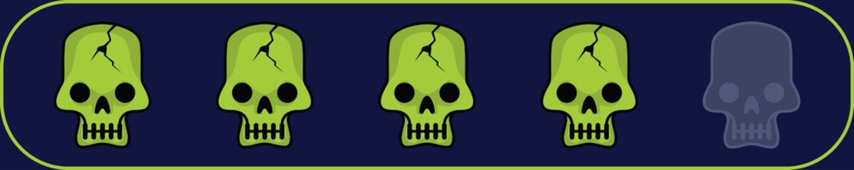 Four rate skulls icon for review scary or creepy story contents on internet, website or mobile application. Online feedback 5 vote scale Halloween ghosts symbol rating or ranking concept. Vector