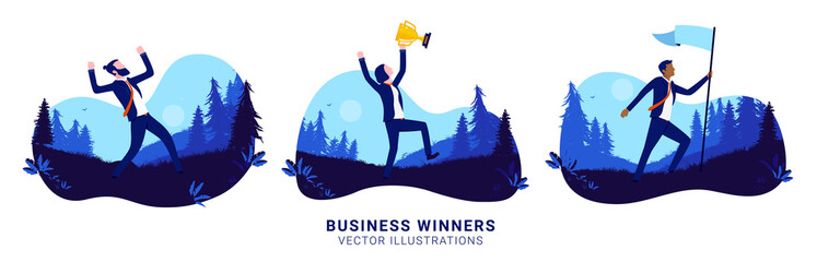 Business winners - Illustration set with successful businesspeople winning. Triumph, achievement and success concept. Vector illustration.