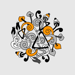 Decorative round pattern in Doodle style, Halloween theme. Hand-drawn abstract design. Triangles, swirls, stylized elements.