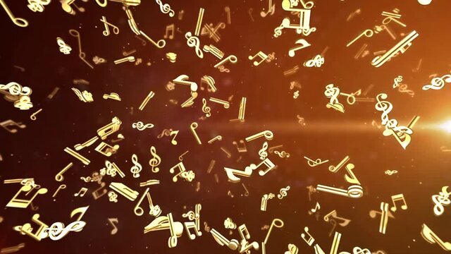 Golden musical note slying and rotating in shiny scene Loop Animation Background. 4K 3D for Reality shows, Music Awards, Dance Party, VJ Shows, DJ Party, Stage Shows, event, concert, title, festival.