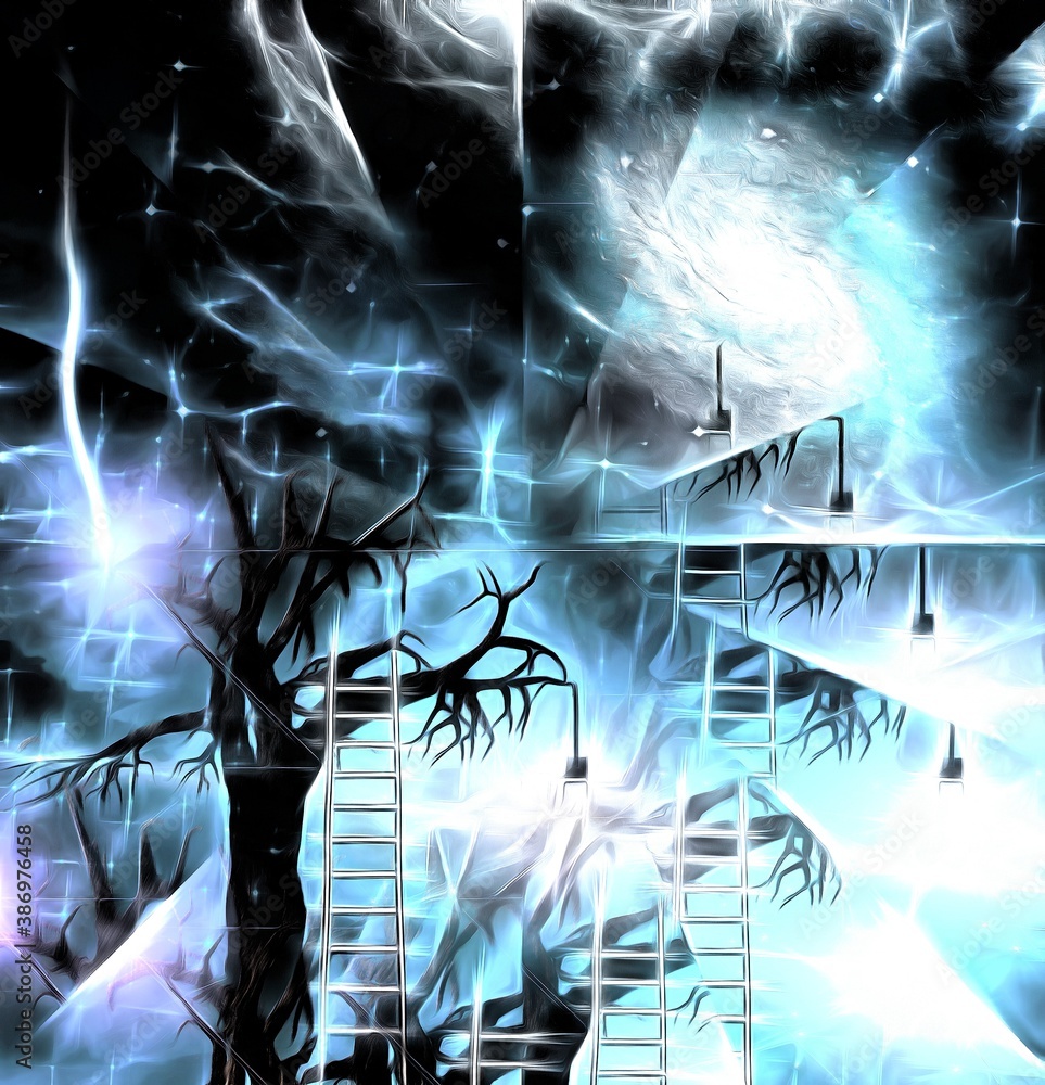 Poster tree with lightbulbs. surreal art. 3d rendering
