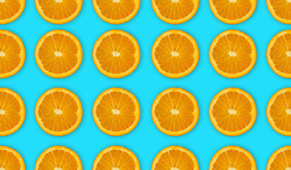 Top view of half cut oranges fruit on blue background with clipping path