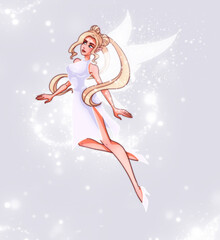 Snow-white fairy in flight with transparent wings