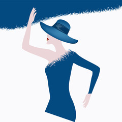 Dress with faux fur trim, smart, blue - elegant woman with hat - abstract background - vector. Winter clothes. Beauty Fashion Salon.