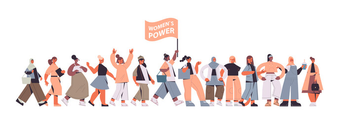 Obraz premium mix race girls activists stand together female empowerment movement women's community union of feminists concept horizontal full length vector illustration