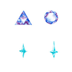 Set of cut jewelry coloured stones. Two crystals and two stars. Watercolor hand painted isolated elements on white background.