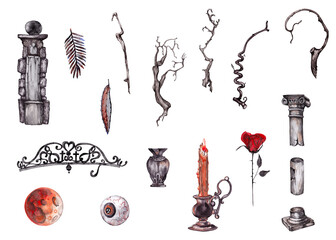 Big set of horror graphic isolated elements in gothic style. Spooky tree, branch, ruins, candle, bloody eye, moon. Halloween and mystical decoration. Watercolor isolated drawings on white background.