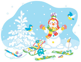 Cheerful small birds flying around a smiling cute toy snowman with a warm colorful scarf and a hat, skis and a sledge on a snowy playground in a white winter park, vector cartoon illustration