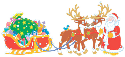 The night before Christmas, Santa Claus with a big bag of Christmas presents in his sleigh with reindeers beginning a magic journey around the world, vector cartoon illustration on a white background