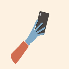 A gloved hand holding a cell phone. Gadget on the camera side. Cute cartoon illustration for design.