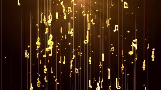 Musical note signs symbols moving through spiral helical path. Golden music Loop background. Music notes and vinyl record disc. Music festival, events, party. Reality Shows, Award Ceremony.
