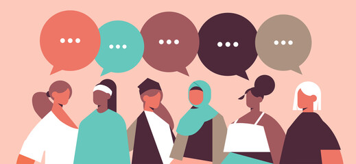 mix race girls with speech bubbles discussing during meeting communication women's power union of feminists concept horizontal portrait vector illustration