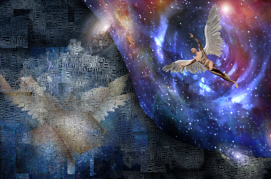 Abstract clouds and wings. Man with wings represents angel. 3D rendering