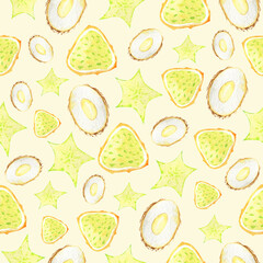 Seamless pattern with tropical exotic fruits on white background. Watercolor painting. Hand drawn summer illustration. Wallpaper, fabric design.