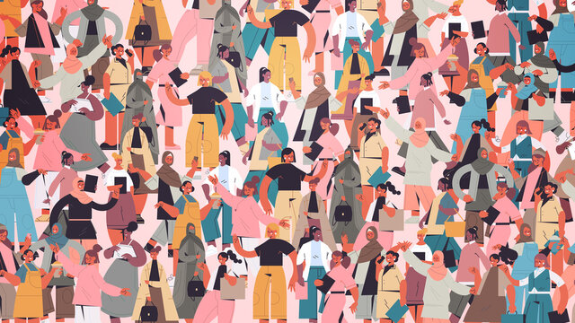 mix race girls crowd standing together female empowerment movement women's community union of feminists concept horizontal vector illustration