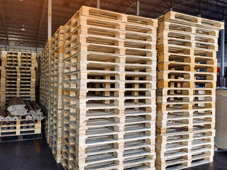 Wooden pallets stack in warehouse cargo storage, shipment in logistics and transportation industrial, wood pallets heap, delivery service