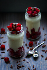 Millet pudding with raspberries and dark chocolate