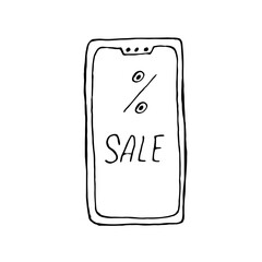 Phone, open discount, sale. Discount offer, sale. Discount sign. Doodle style. Vector