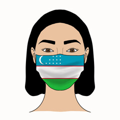 Coronavirus mask crisis. Uzbekistan health system. Flag of Uzbekistan coronavirus outbreak patterned mask wearing woman.