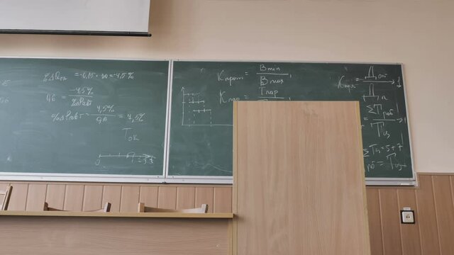 Blackboard And Desks In Empty Classroom, Auditorium, Lecture Room