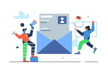 Guy and girl are engaged in email marketing on the internet, big envelope with letter, guy with loudspeaker isolated on white background, flat vector illustration