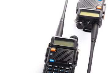 Black walkie-talkie Radio communication device isolated on white