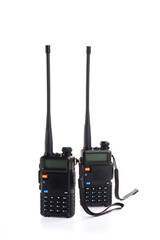 Black walkie-talkie Radio communication device isolated on white