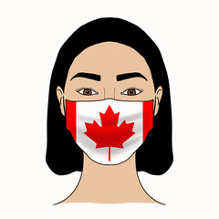 Coronavirus mask crisis. Canada health system. Flag of Canada coronavirus outbreak patterned mask wearing woman.