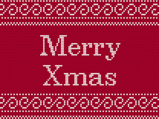 Merry Christmas. Fairisle Design Knitting Pattern. Scandinavian style greeting card. Christmas greeting card banner poster. Knitted imitation. Winter Holiday Sweater Design. Vector Illustration.