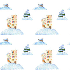 Pattern with houses, Christmas trees and snowdrifts.