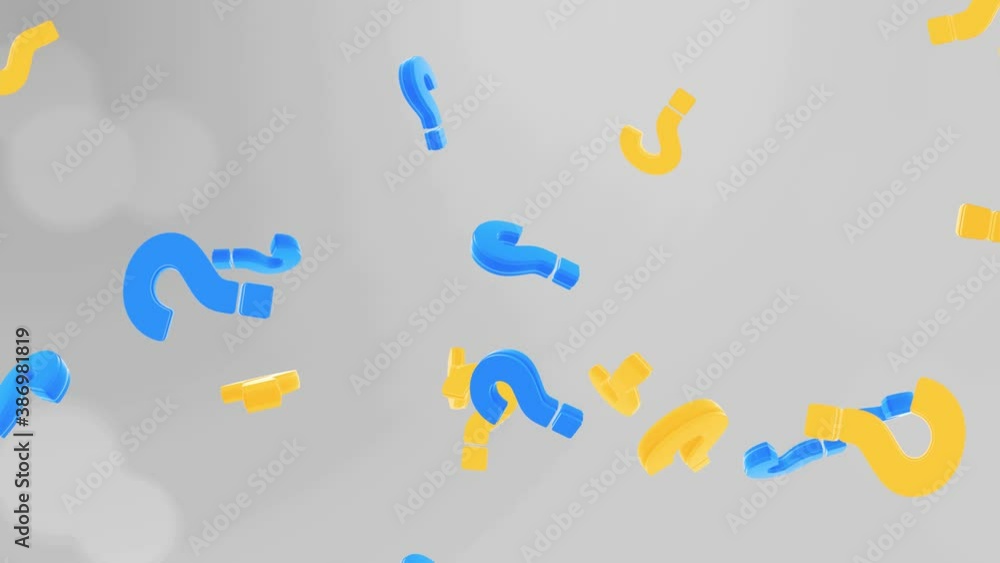 Poster abstract falling colorful question marks and rotating exclamation mark on white background. 3d 4k an