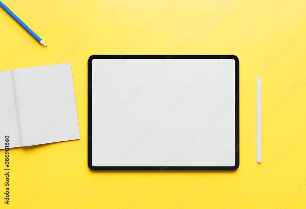 Poster digital tablet and stylus pen vs notepade with pencil on yellow background for mockup