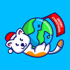 Cute cat hugging earth in Christmas celebration