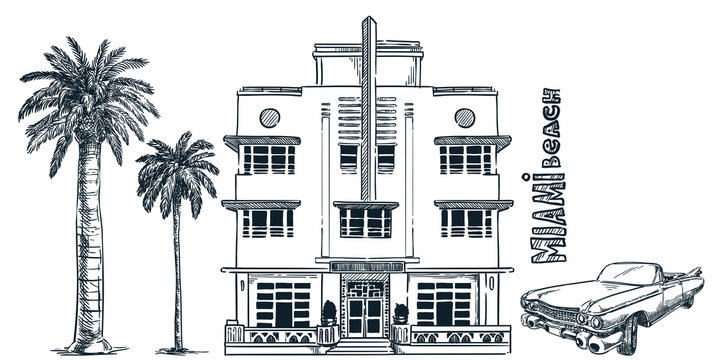 Miami street with vintage building, retro car and palms. Vector sketch illustration. Florida design elements
