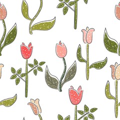 Seamless Pattern with Hand Drawn Elegant Flowers. Scandinavian Hand Drawn Style. Vector Illustration