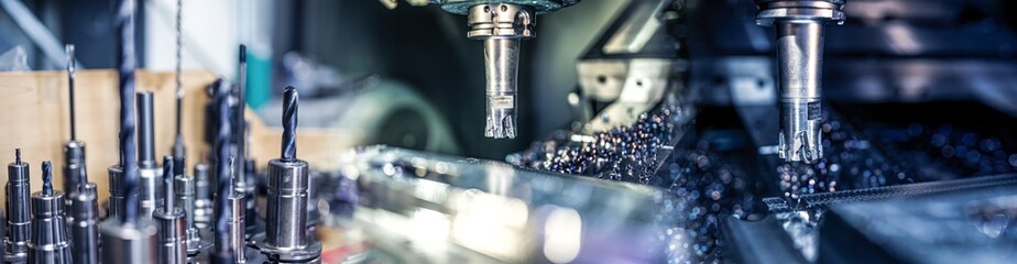 Industrielle Fertigung in der Industrie // CNC Fräser bearbeitet Metallblock aus Edelstahl. - obrazy, fototapety, plakaty