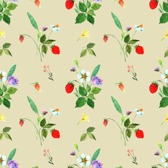 Woodland seamless pattern with wild flowers, leaves, strawberries. Watercolor illustration. Hand drawn nature seamless texture, textile, fabric, wallpaper, background, wrapping paper