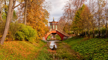 Krestovy Bridge in in the Alexander Park, Tsarskoe Selo, Russia. Summer residence of Russian...