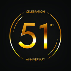 51th anniversary. Fifty-one years birthday celebration banner in bright golden color. Circular logo with elegant number design.