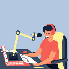 The radio host is broadcasting in the studio. International radio day. Podcast, a modern format for presenting information. Flat vector illustration with place for text.
