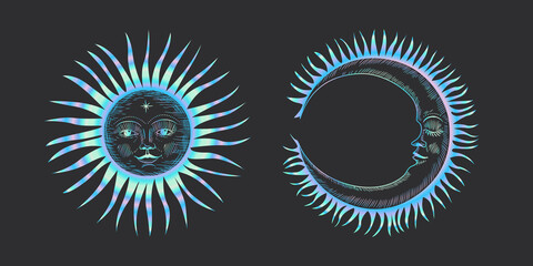 Vector illustration set of moon phases. New style, holographic background, trend shimmer. Different stages of moonlight activity in vintage engraving style.