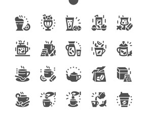 Hot drinks. Delicious coffee, cappuccino, tea with lemon. Coffee to go. Coffee house. Menu for restaurant and cafe. Vector Solid Icons. Simple Pictogram