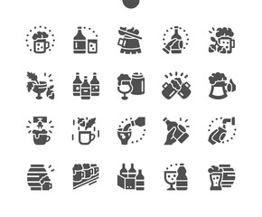 Craft beer. Pub food. Delicious beer snack. Glass of beer on the bar. Barrel of beer. Menu for restaurant and cafe. Vector Solid Icons. Simple Pictogram