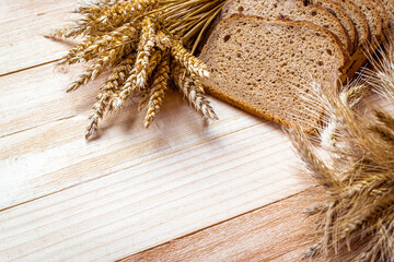 Baguette bread. Rye bakery with crusty loaves and crumbs. Fresh loaf of rustic traditional bread...